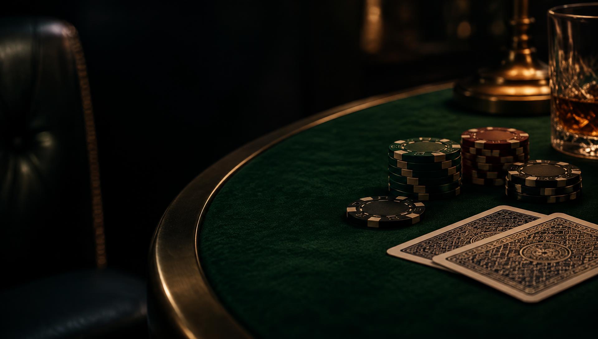 Poker table with playing cards and poker chips